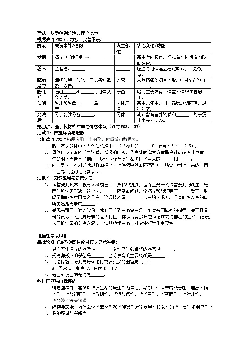 2024人教版新教材七年级下册生物学第一节 人的生殖 学习任务单第2页