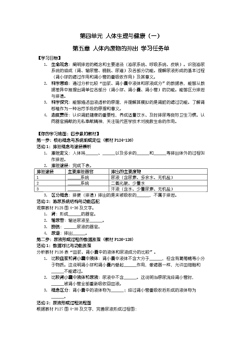 2024人教版新教材七年级下册生物学第五章 人体内废物的排出 学习任务单第1页