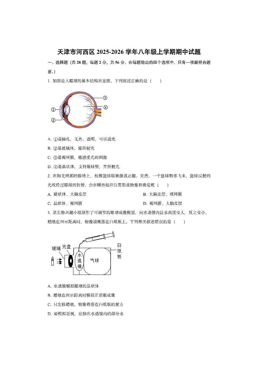 天津市河西区2025-2026学年八年级上学期期中生物试卷（学生版）第1页