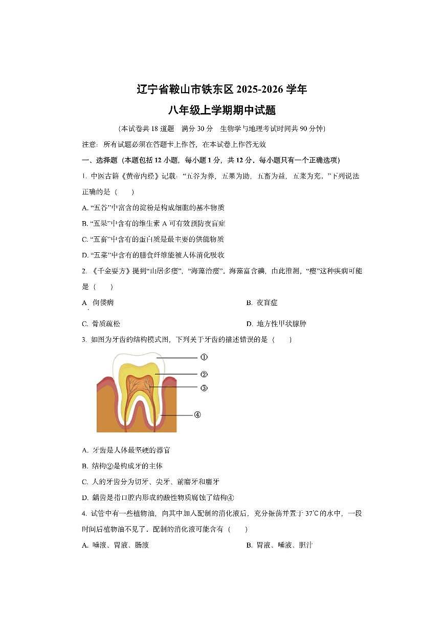 辽宁省鞍山市铁东区2025-2026学年八年级上学期期中生物试卷（学生版）第1页