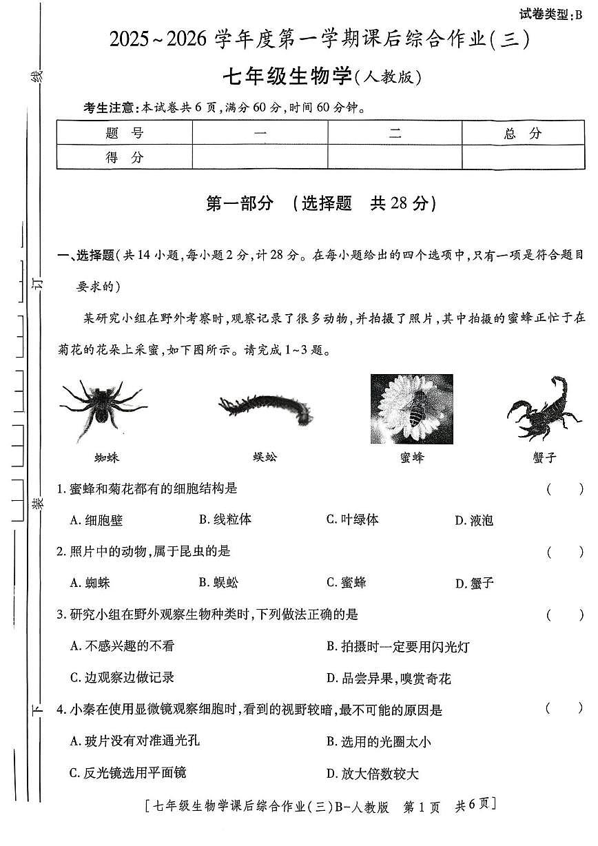 陕西省咸阳市秦都区咸阳彩虹学校2025-2026学年七年级上学期12月月考生物试题第1页