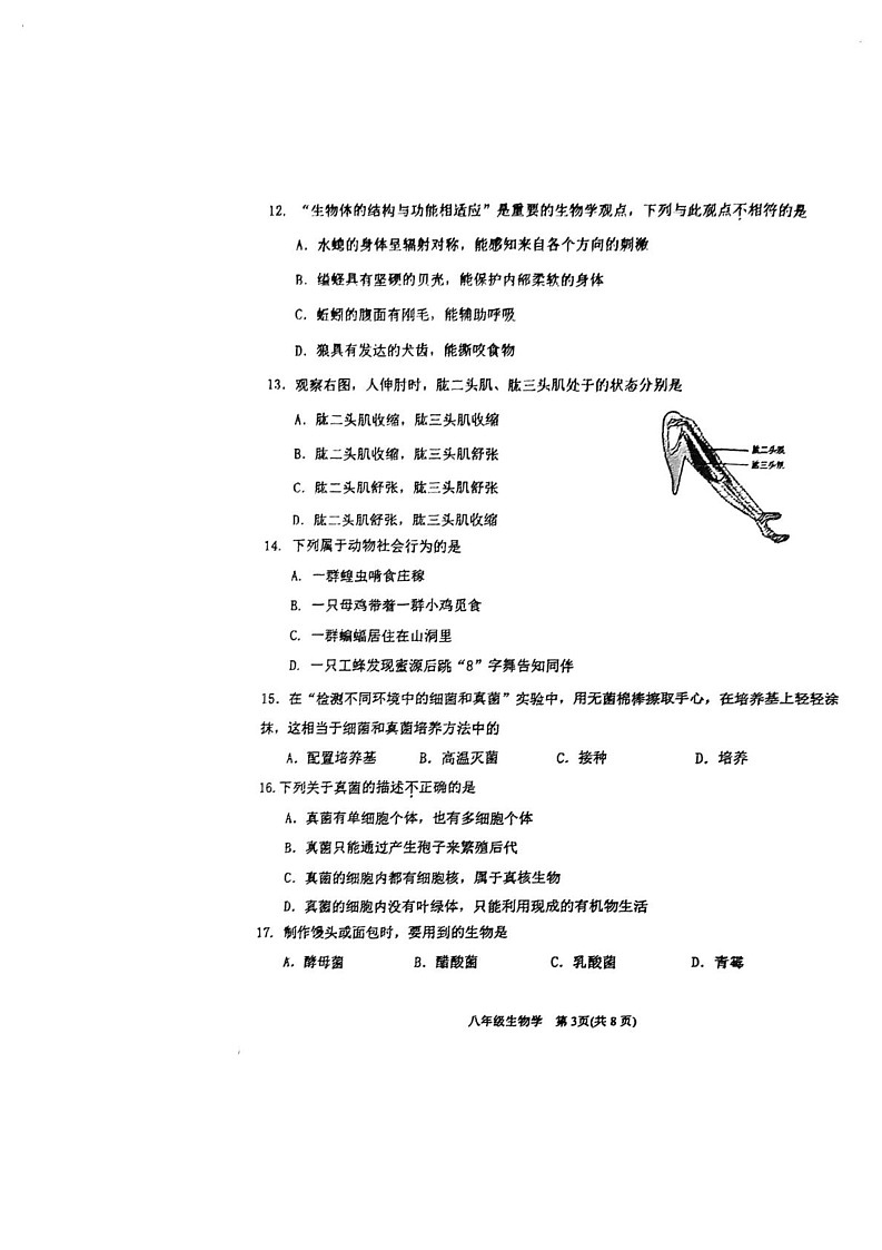 天津市滨海新区2024-2025学年八年级上学期期末生物试题第3页