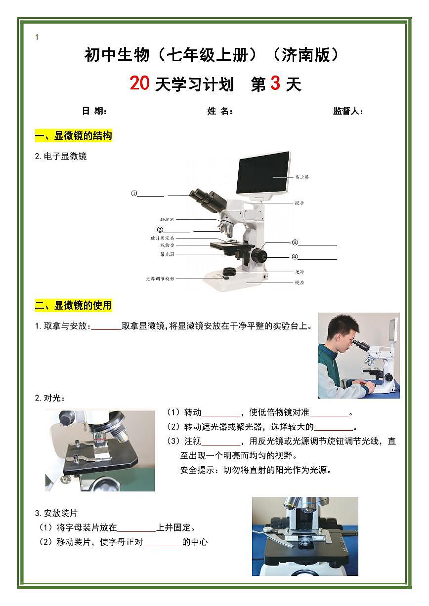 2024版济南版七年级上册生物期末知识点20天计划第3页