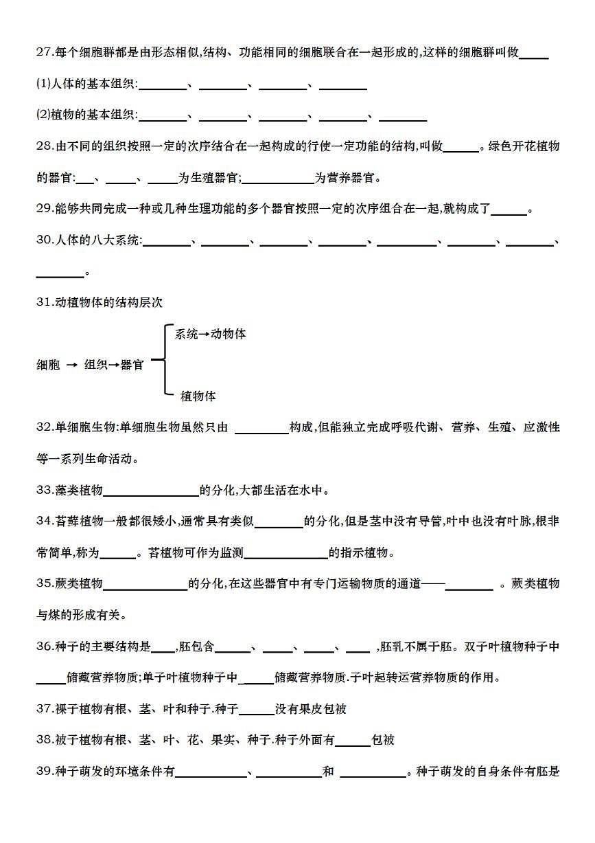 2024版人教版七年级上册生物期末全册知识点填空专项练习含答案第3页