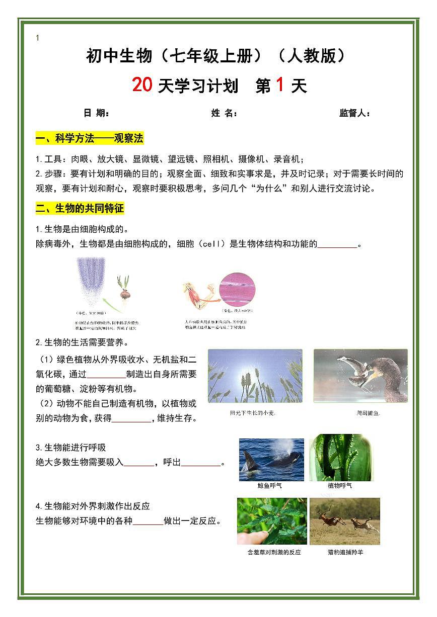 2024版人教版七年级上册生物期末知识点20天计划第1页