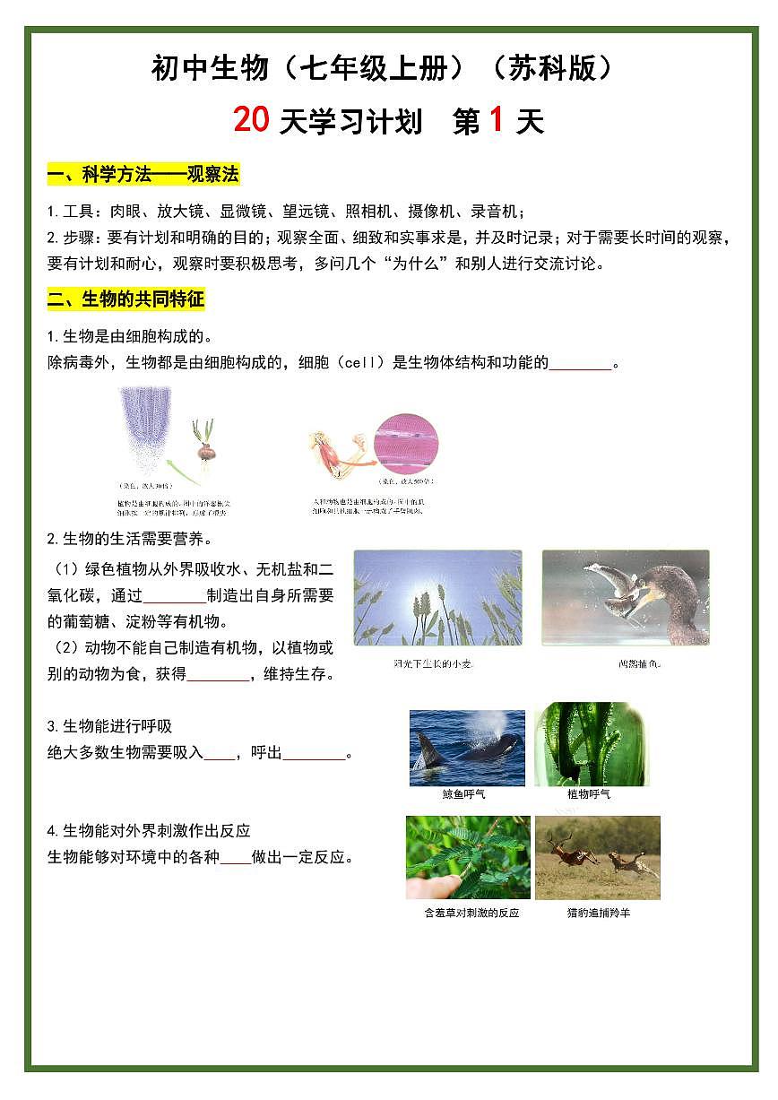 2024版苏科版七年级上册生物期末知识点20天计划第1页