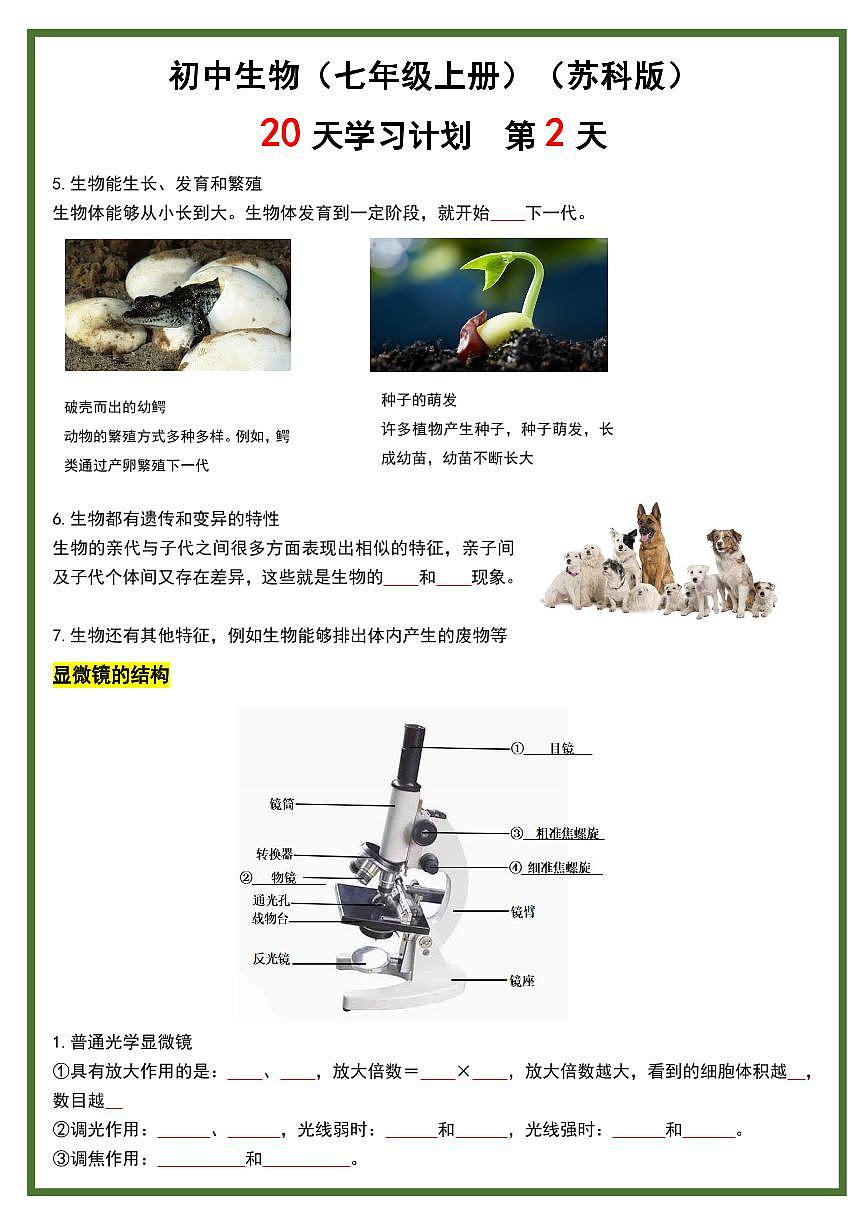 2024版苏科版七年级上册生物期末知识点20天计划第2页