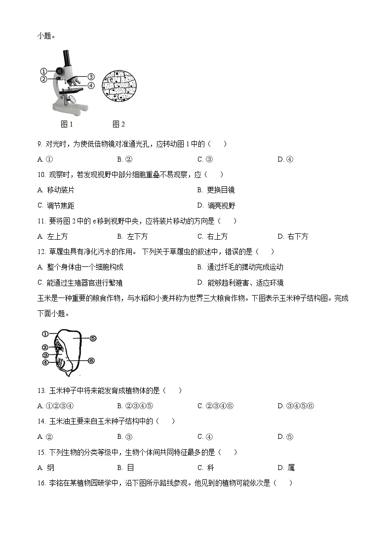 福建省泉州市永春县七年级上学期期末生物试题（原卷版）-A4第2页