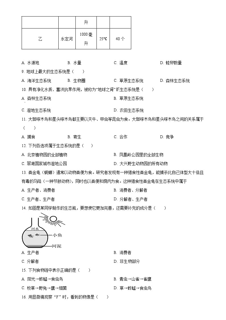福建省厦门市湖滨中学七年级上学期期中生物试题（原卷版）-A4第2页