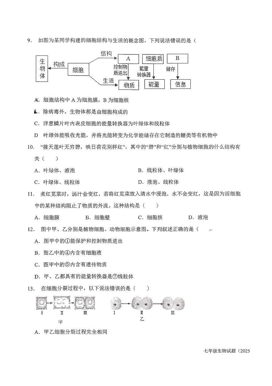 山东省济南市槐荫区恒远学校2025-2026学年七年级上学期12月月考生物试题第3页