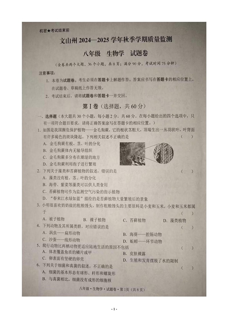 云南省文山壮族苗族自治州2024-2025学年八年级上学期期末生物试题第1页