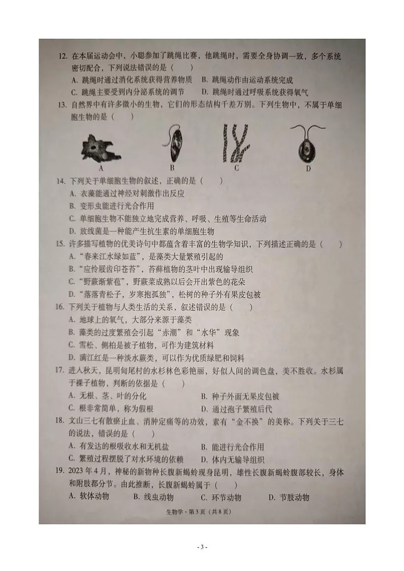 云南省文山壮族苗族自治州文山市2024-2025学年七年级上学期期末生物试题第3页
