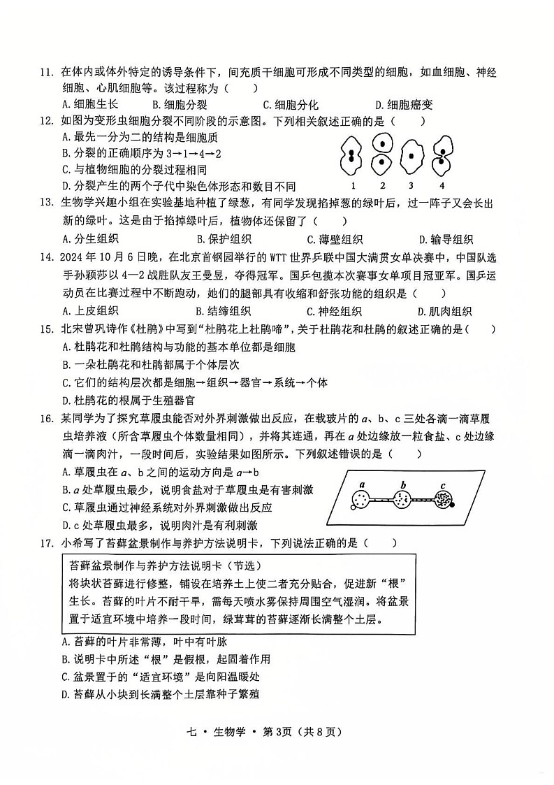云南省腾冲市2024-2025学年七年级上学期期末教育教学质量监测生物试题第3页