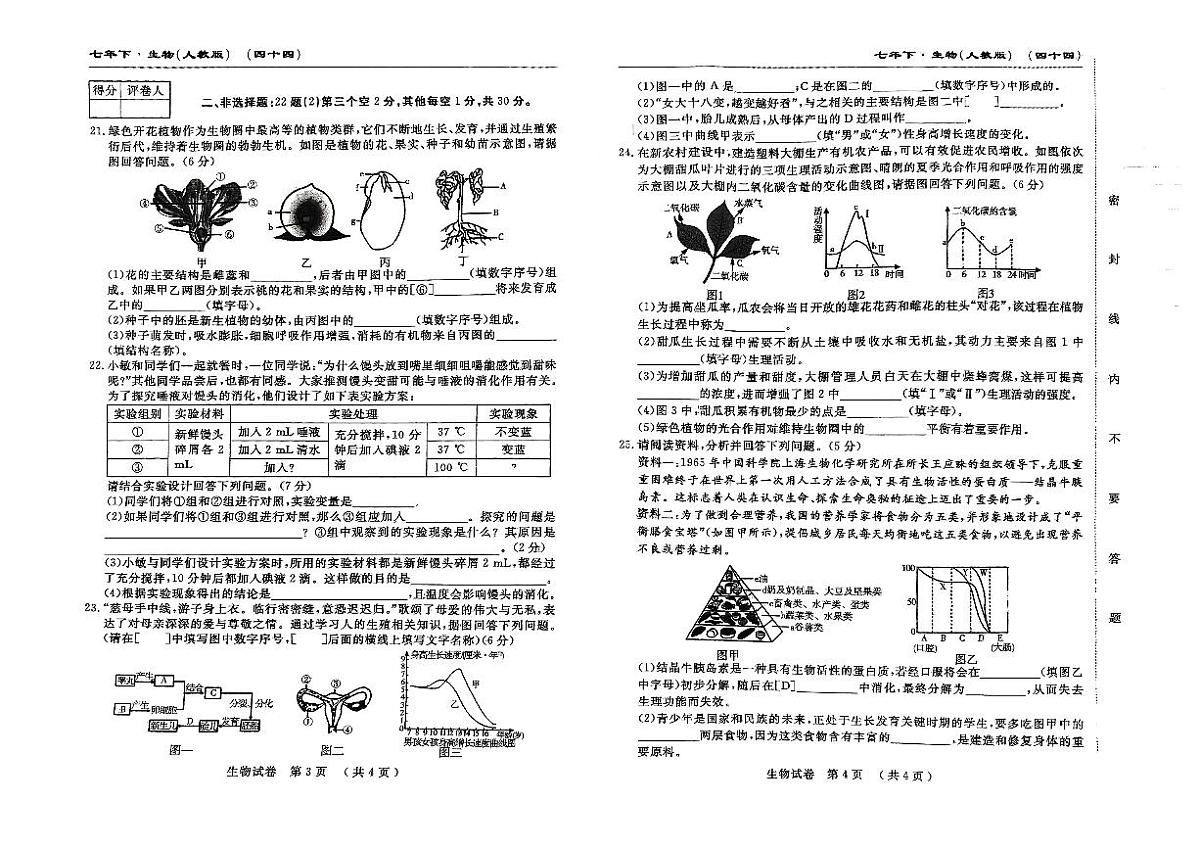 吉林省松原市前郭县三校2024~2025学年度下学期七年级期中考试   生物（含答题卡、答案）第2页