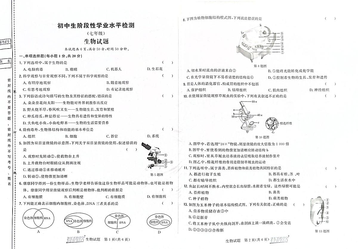 吉林省松原市前郭一中2024~2025学年度上学期初中生阶段性学业水平检测   七年级生物试卷（含答案）第1页