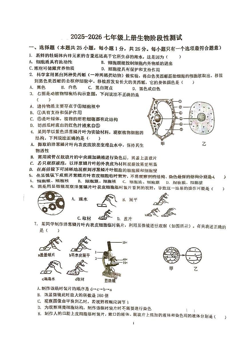 江苏省徐州市沛县第三中学联盟学区2025-2026学年七年级上学期12月月考生物试题第1页
