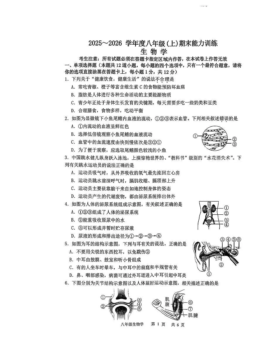 辽宁省沈阳市皇姑区2025-2026学年八年级上学期期末生物试题第1页