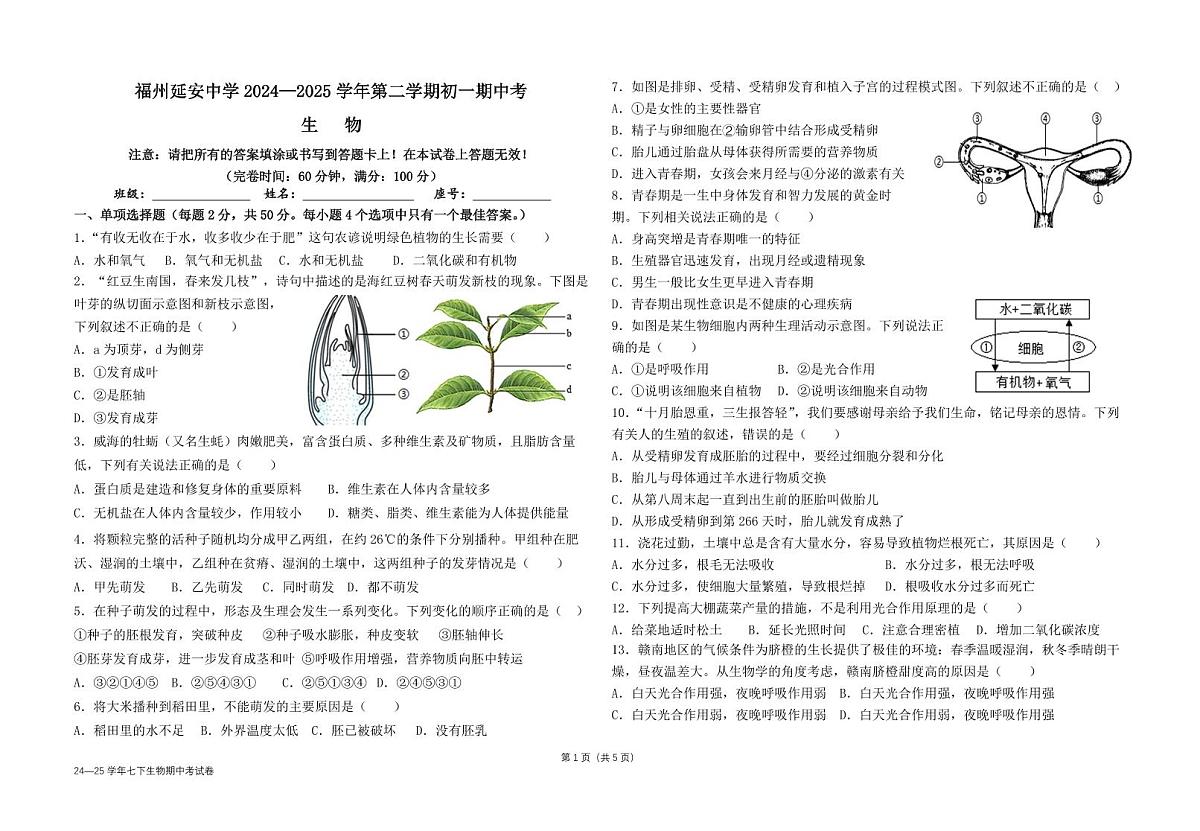 福建省福州市延安中学2024-2025学年七年级下学期期中考试生物试卷第1页