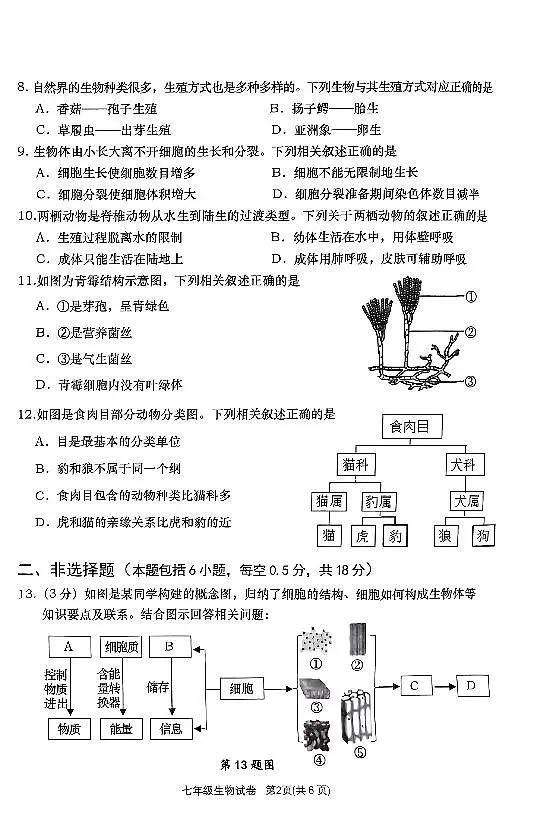 辽宁省大连市甘井子区2024-2025学年第一学期七年级生物学期末试卷（含答案）第2页
