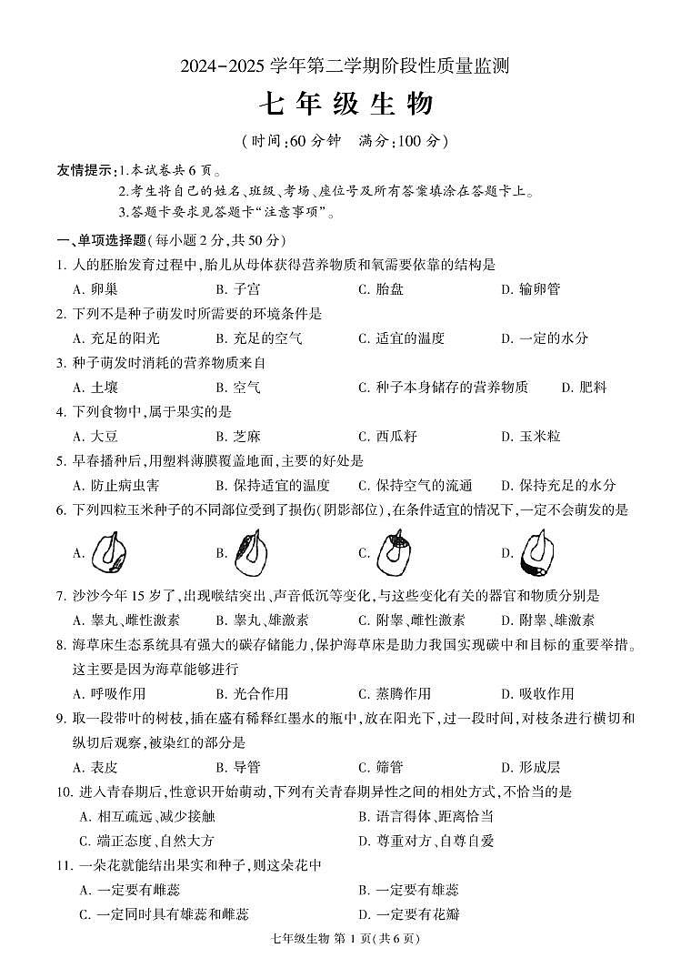 福建省三明市沙县2024-2025学年七年级下学期期中考试生物试题第1页