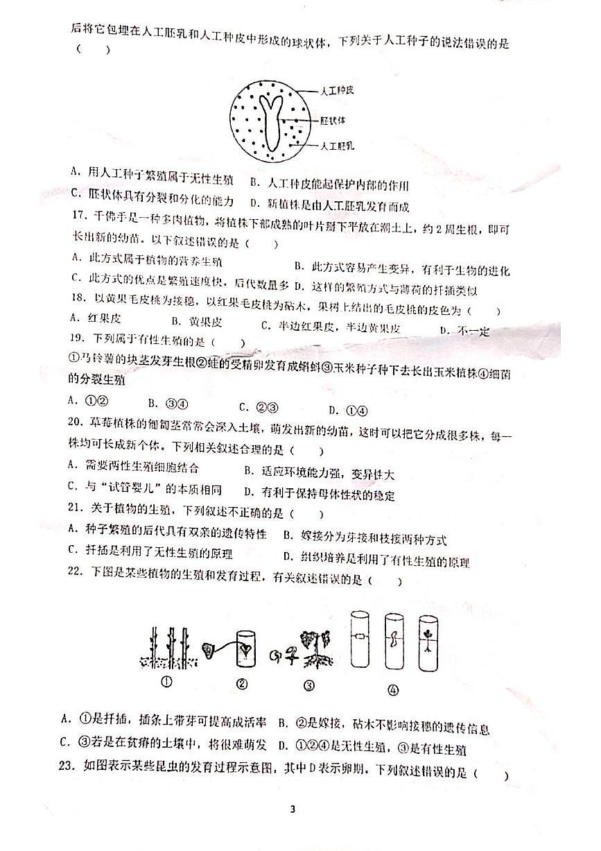 福建省泉州市安溪县第六中学2024-2025学年八年级上学期第二次月考生物试题第3页