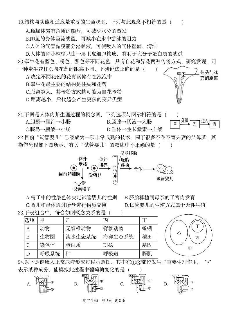福建省厦门一中2024-2025学年八年级下学期期中考试生物试题第3页
