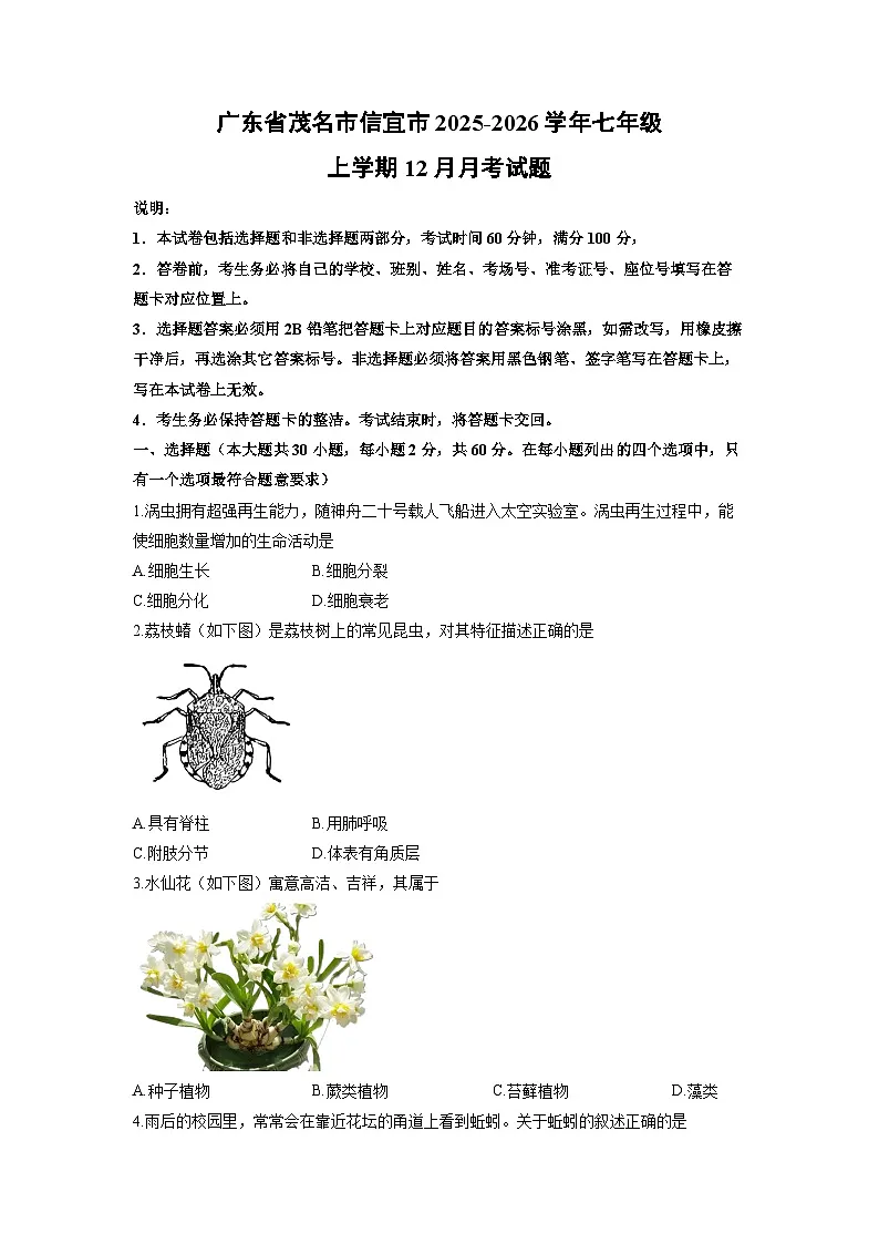广东省茂名市信宜市2025-2026学年七年级上学期12月月考生物试卷（学生版）第1页
