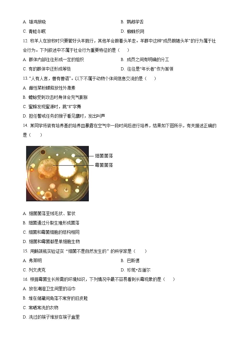 福建省平潭市八年级上学期期末生物试题（原卷版）-A4第3页