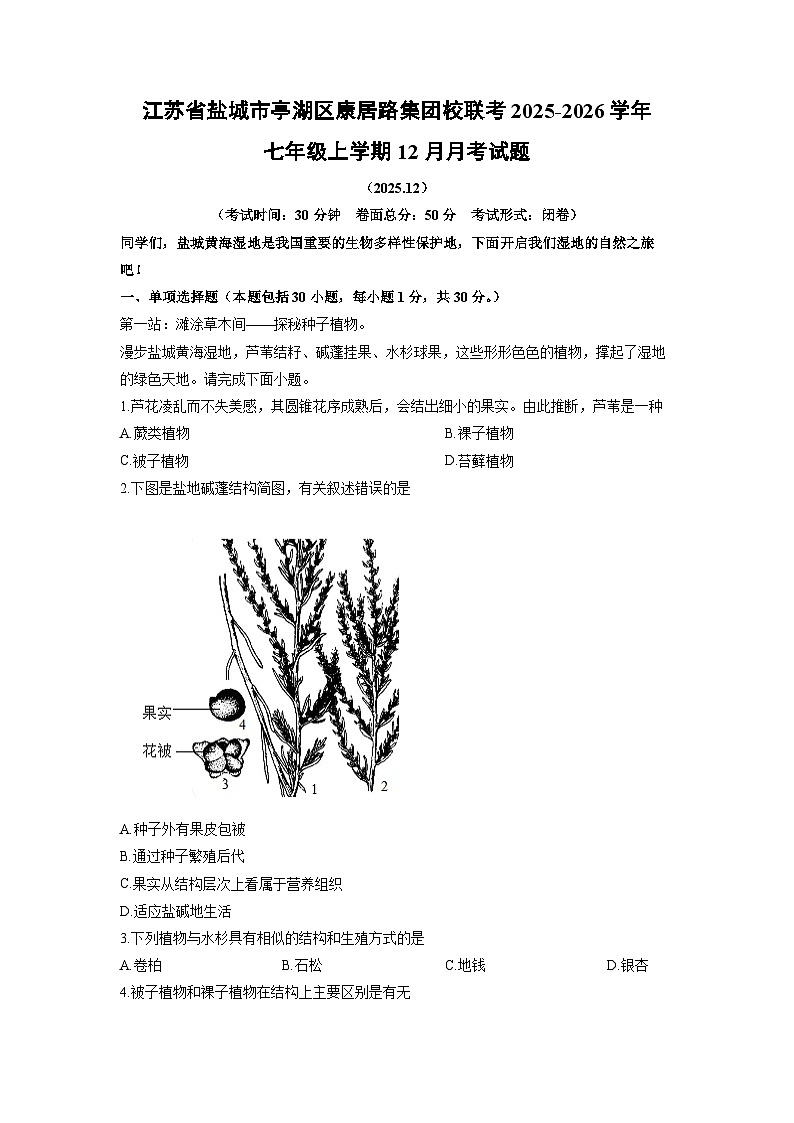 2025-2026学年江苏省盐城市亭湖区康居路集团校联考七年级上学期12月月考生物试卷（学生版）第1页