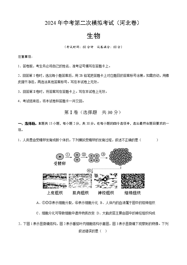 2024年中考生物（河北）第二次模拟考试（含答案）第1页