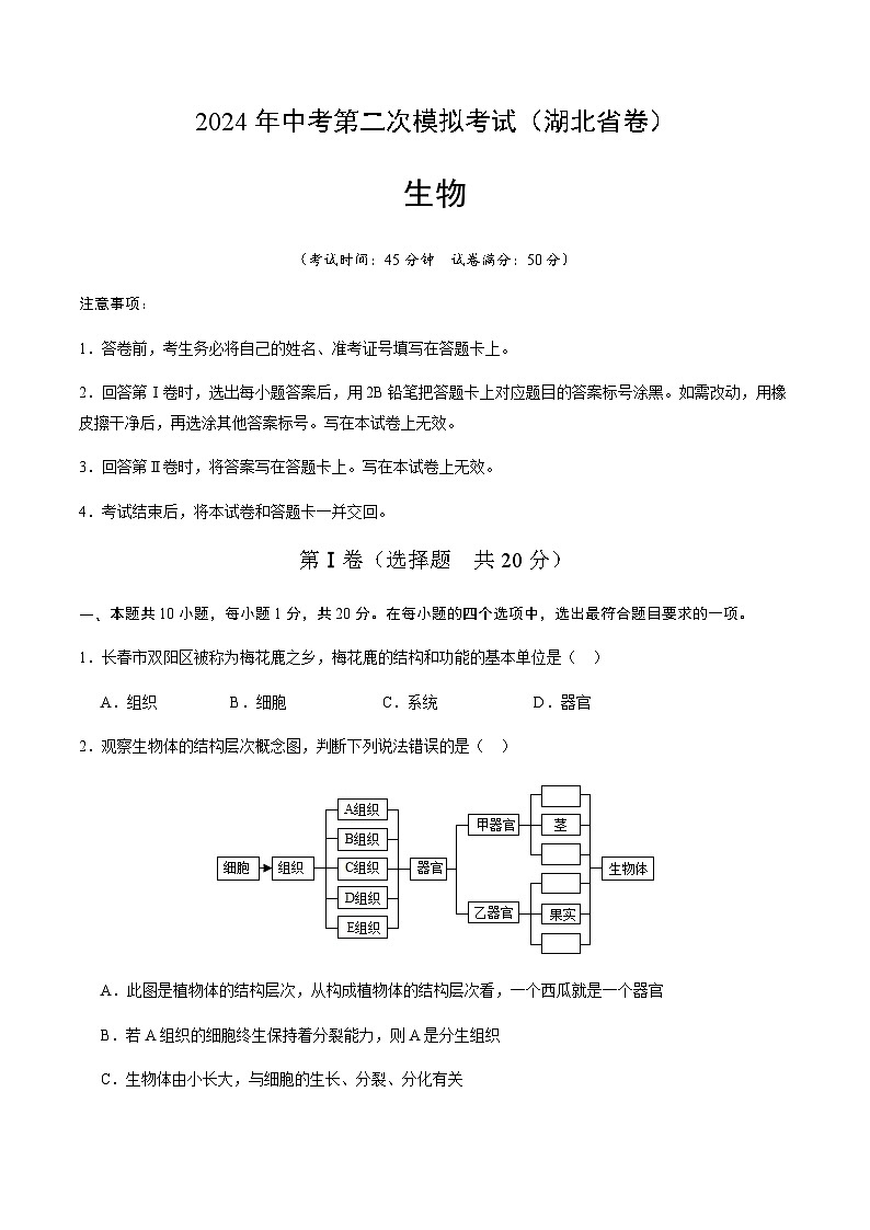2024年中考生物（湖北省）第二次模拟考试（含答案）第1页