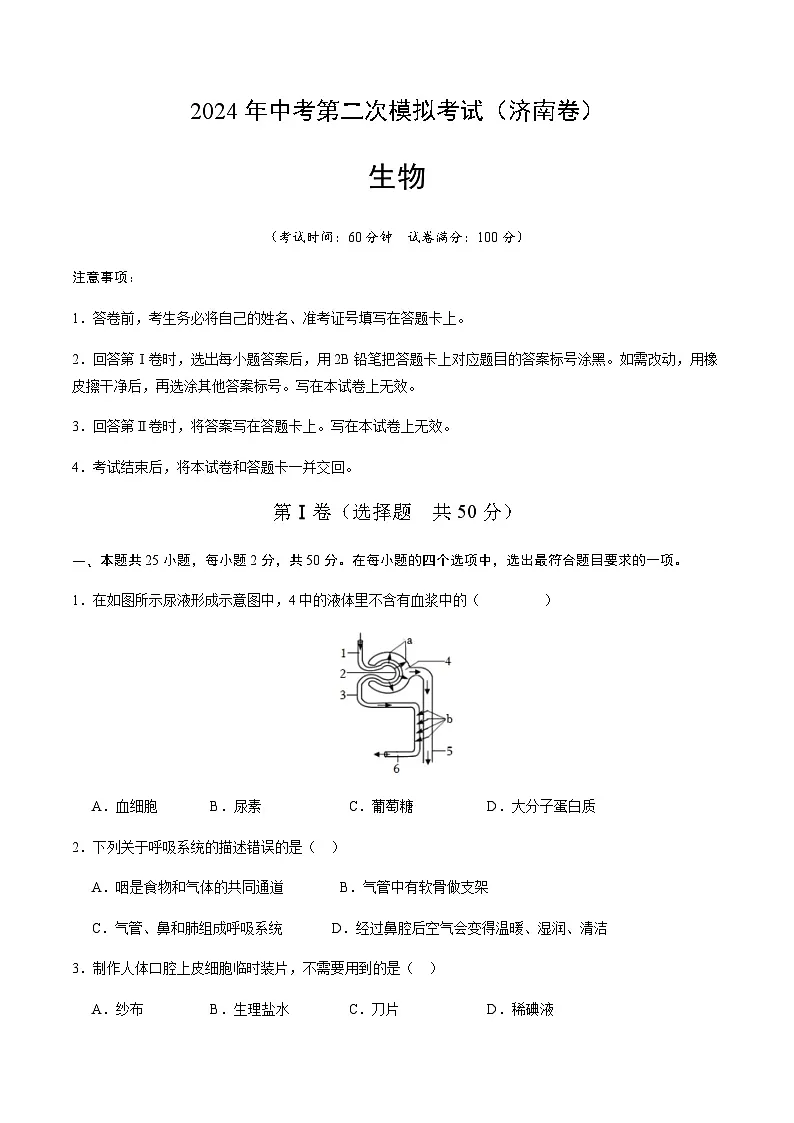 2024年中考生物（济南）第二次模拟考试（含答案）第1页