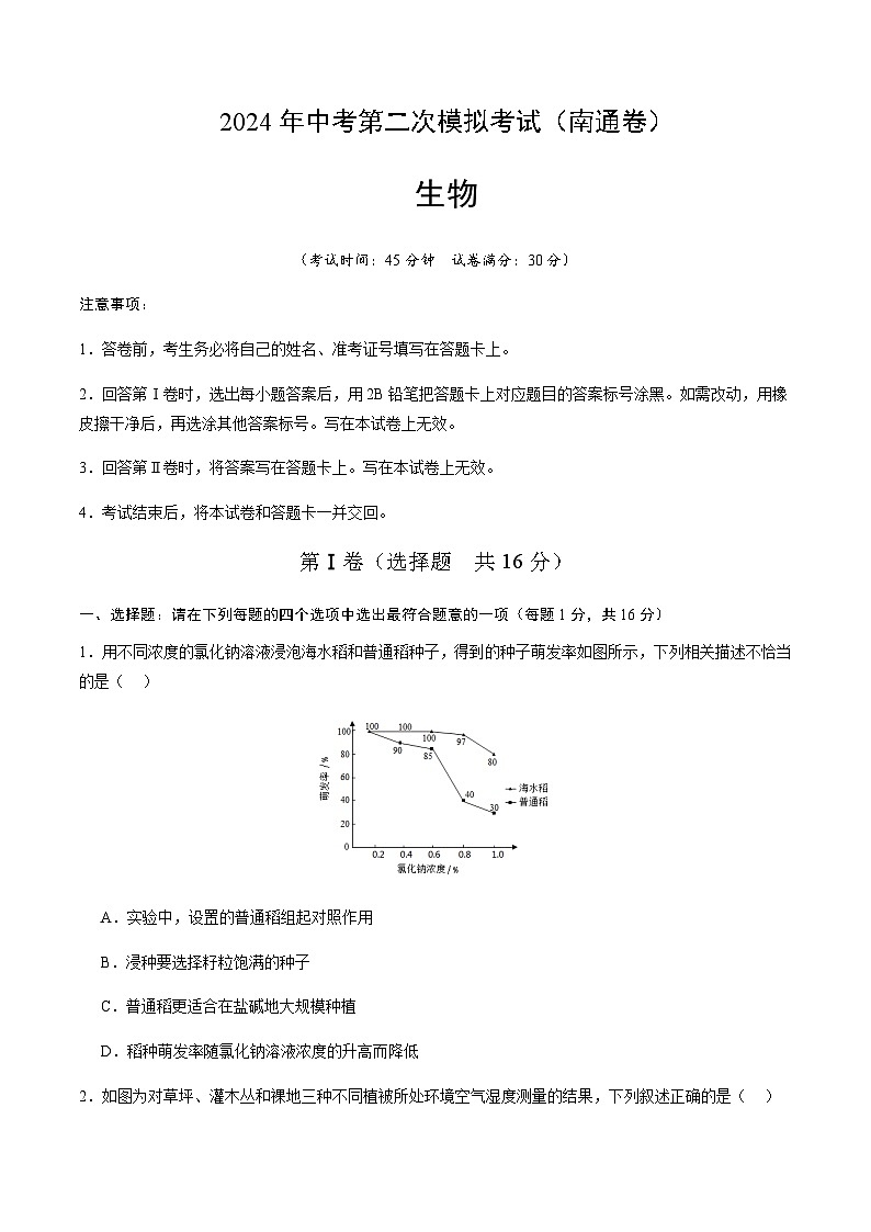 2024年中考生物（南通）第二次模拟考试（含答案）第1页