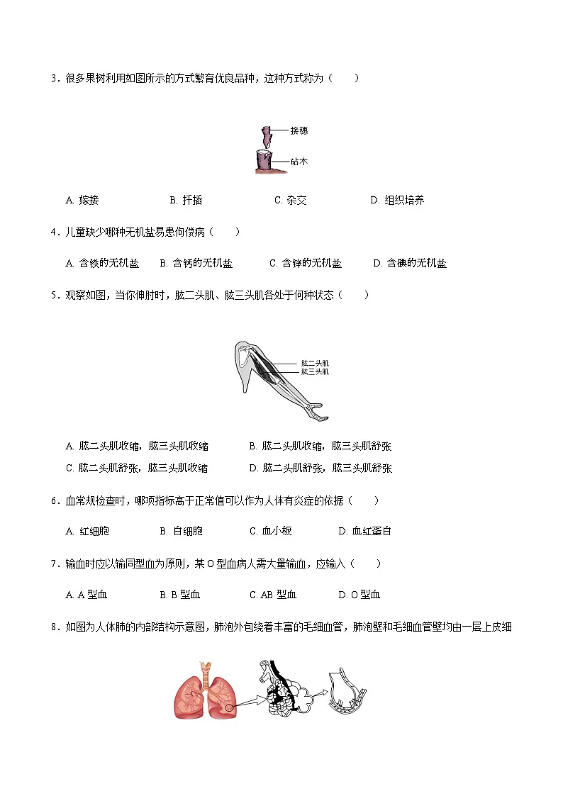 2024年中考生物（天津）第二次模拟考试（含答案）第2页