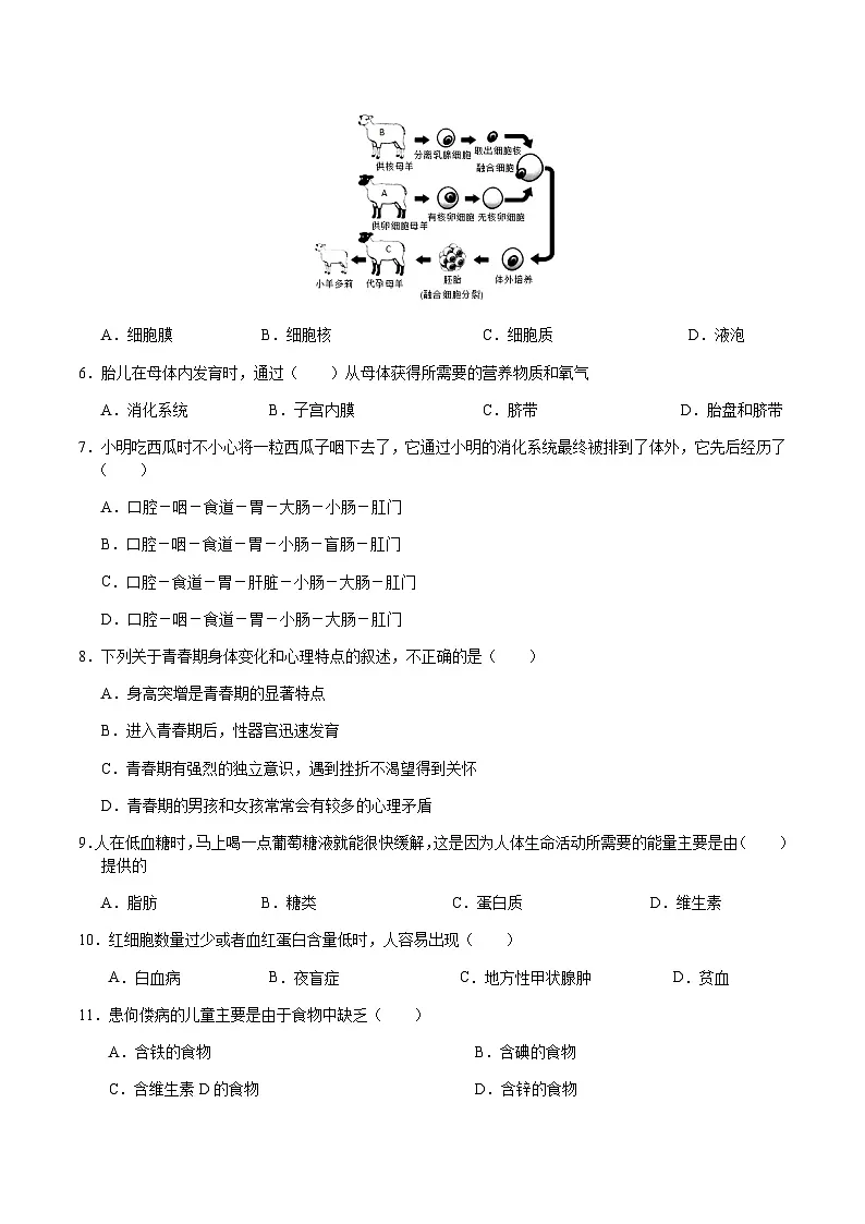 2024年中考生物（天津）第三次模拟考试（含答案）第2页
