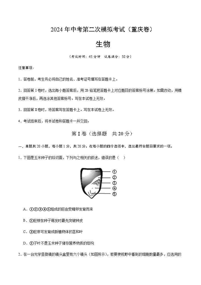 2024年中考生物（重庆）第二次模拟考试（含答案）第1页