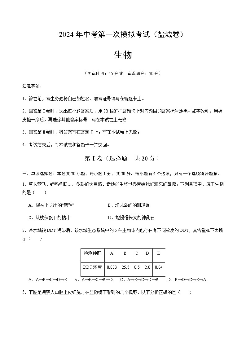 2024年中考生物（盐城）第一次模拟考试（含答案）第1页