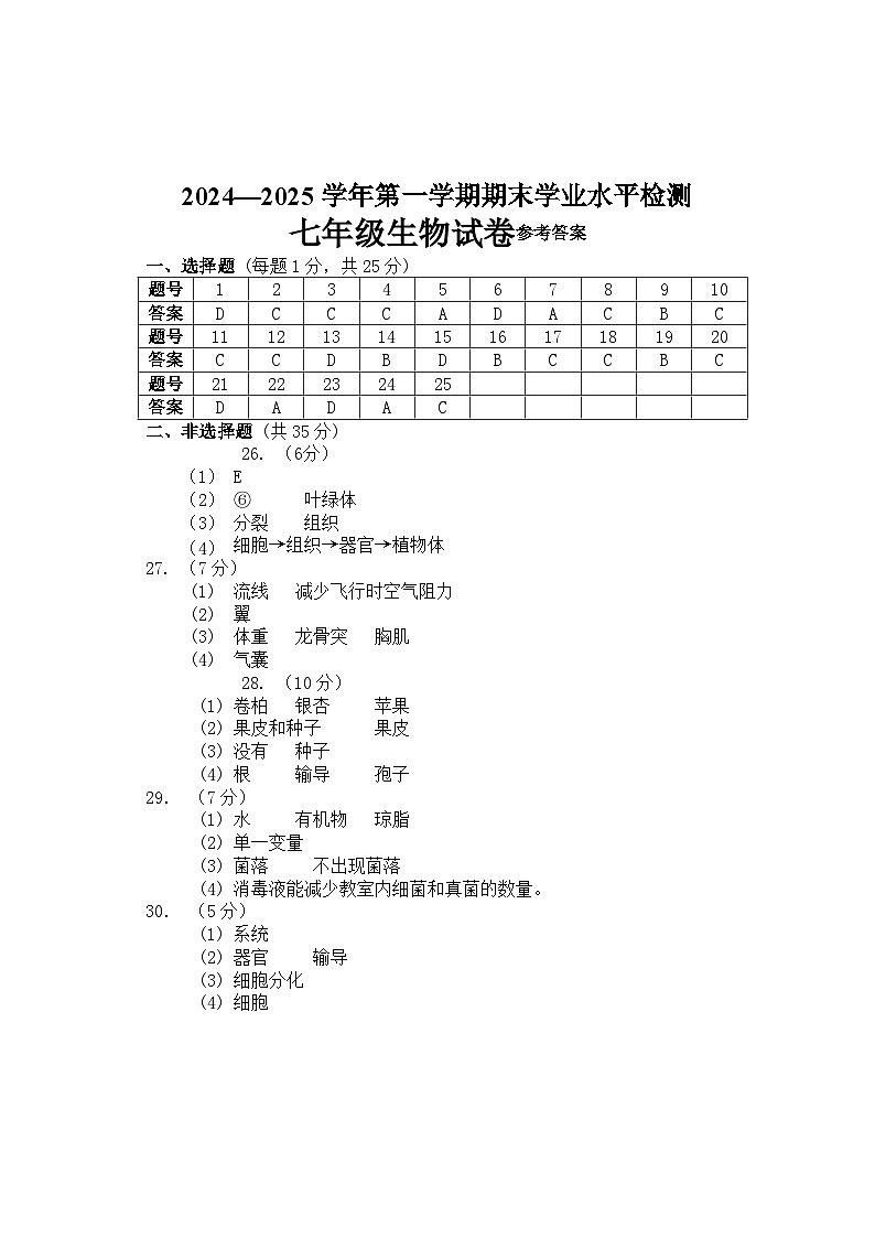 七年级生物答案第1页