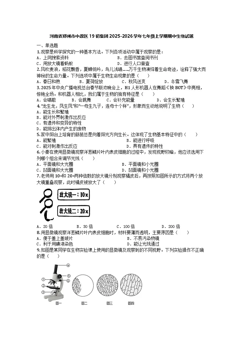 河南省郑州市中原区19初集团2025-2026学年七年级上学期期中生物试题第1页