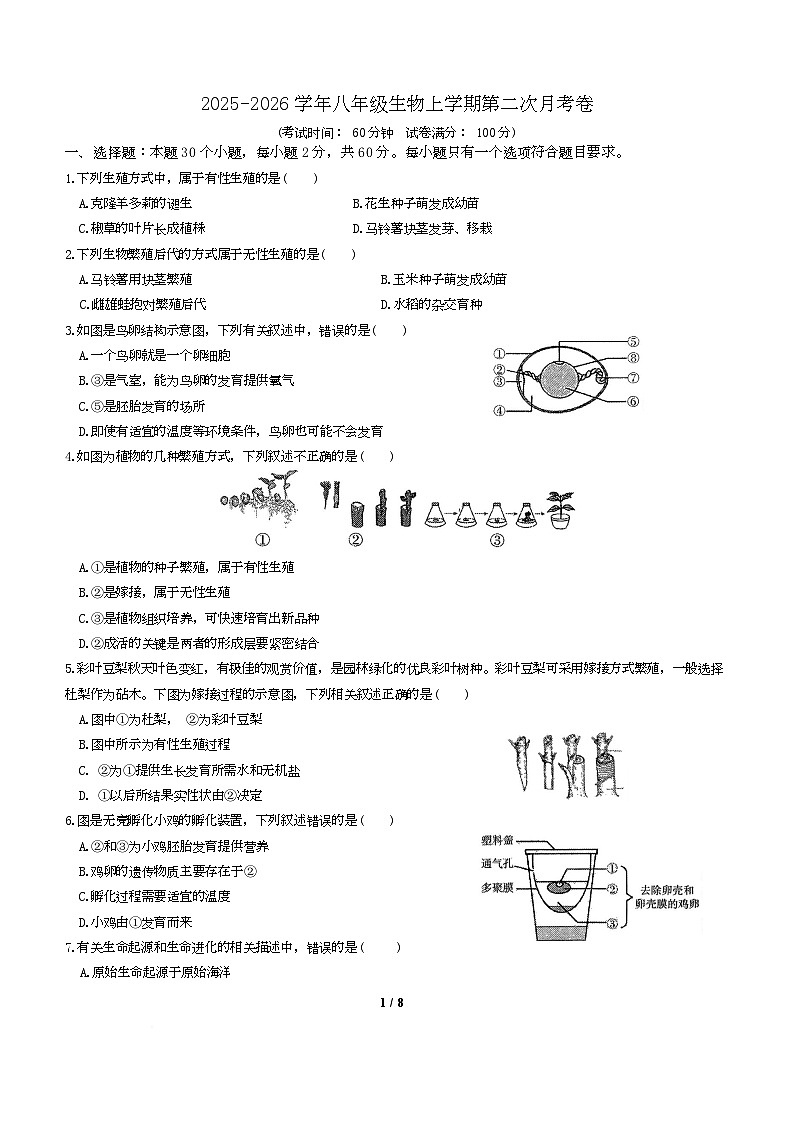 福建省厦门市翔安区第一中学2025-2026学年八年级上学期12月月考生物试题第1页