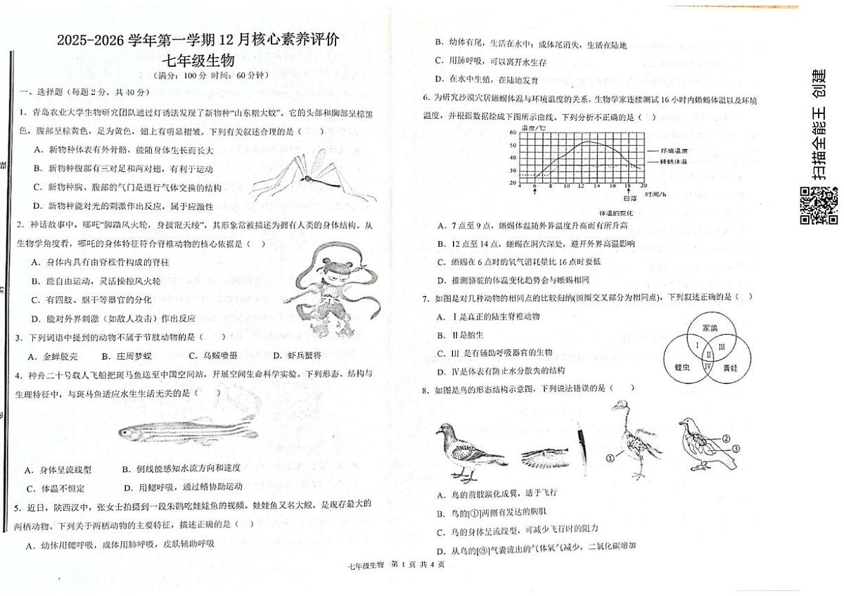 山东省枣庄市峄城区部分学校2025-2026学年七年级上学期12月月考生物试题第1页