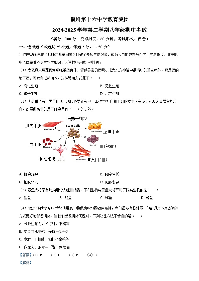 福建省福州市第十六中学八年级下学期期中生物试题（解析版）-A4第1页