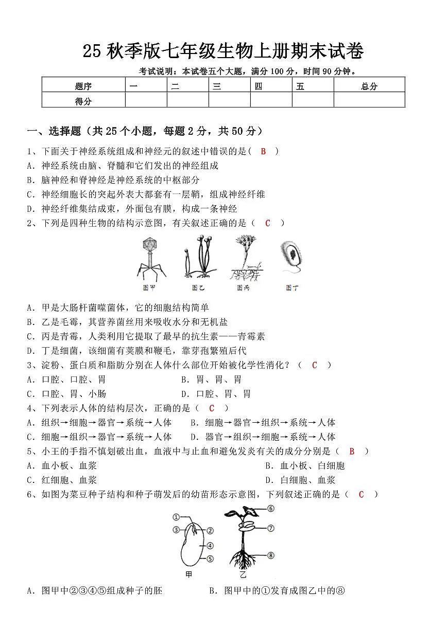【2025秋新版】七年级生物上册期末试卷第1页