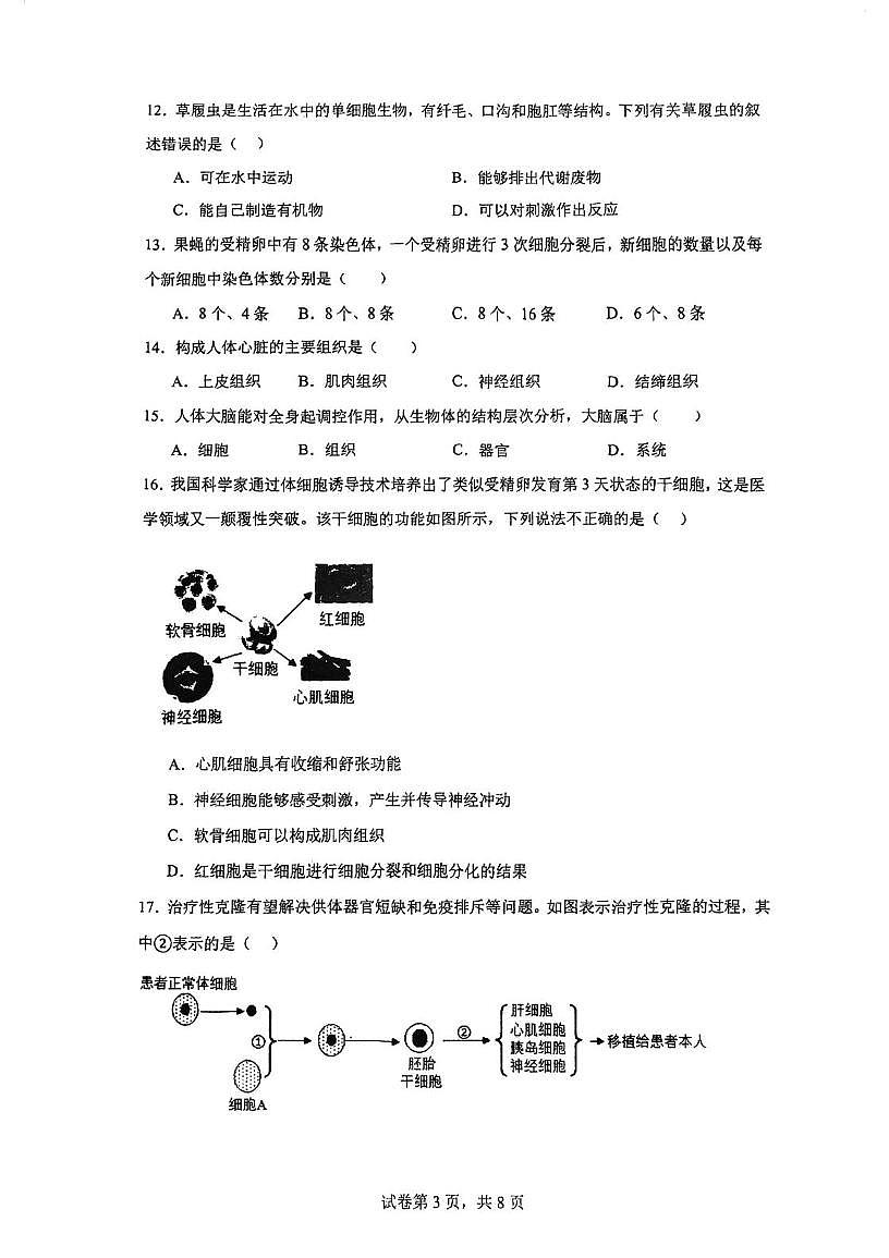 天津市南开区鹏飞学校2025-2026学年七年级上学期12月月考生物试卷第3页