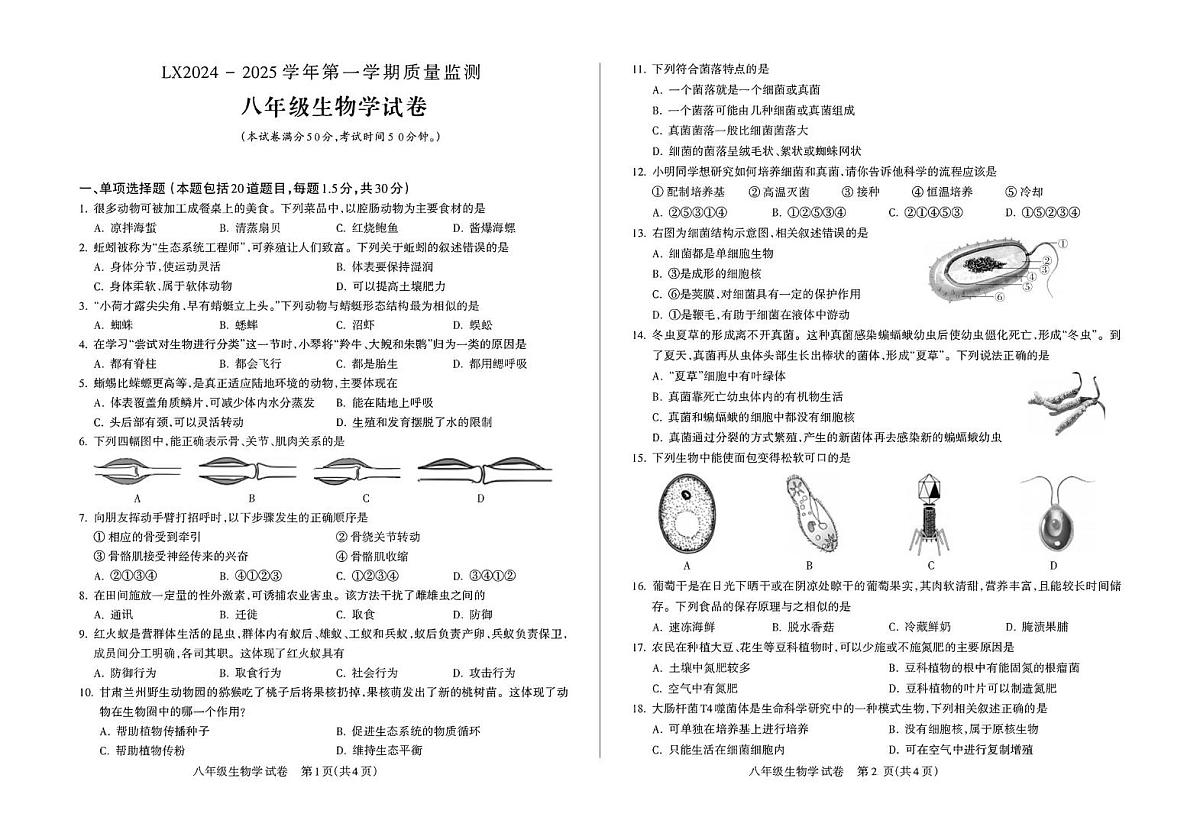 甘肃省临夏州2024-2025学年八年级上学期期末质量监测生物试卷第1页