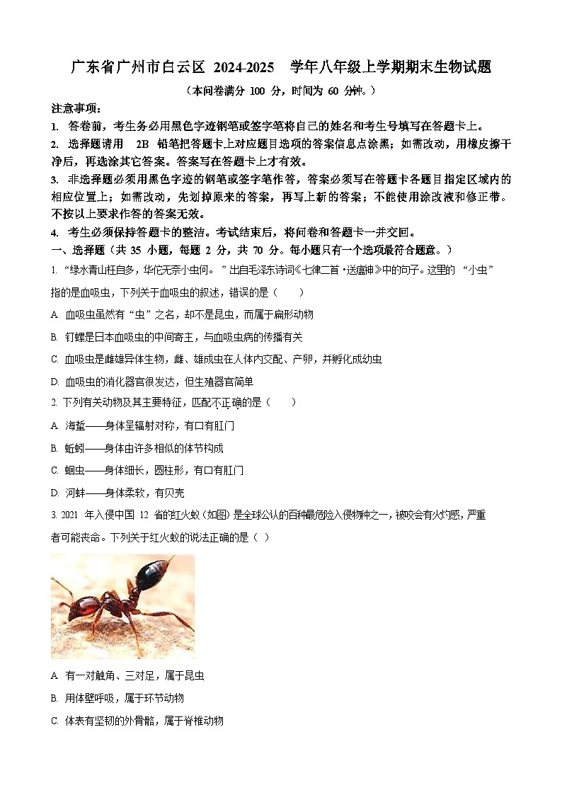 广东省广州市白云区2024-2025学年八年级上学期期末生物试题（含答案）第1页