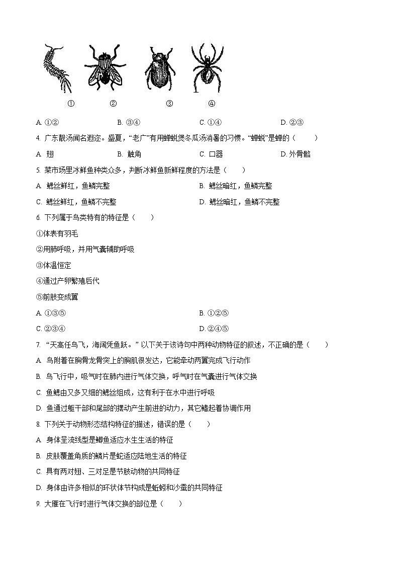 广东省广州市黄埔区2023-2024学年八年级上学期期末生物试题（含答案）第2页