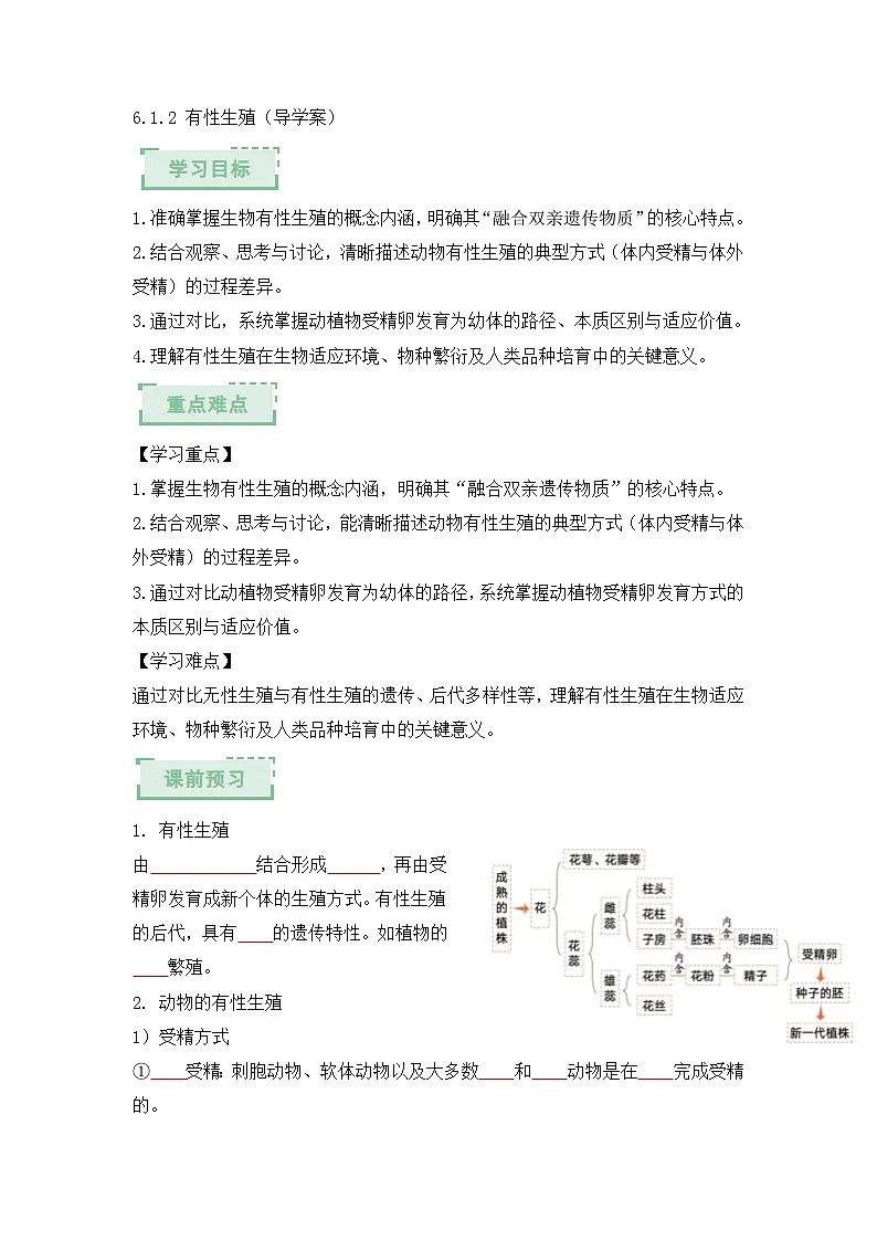 人教版2024初中生物八下6-1-2《有性生殖》导学案（原卷版）第1页