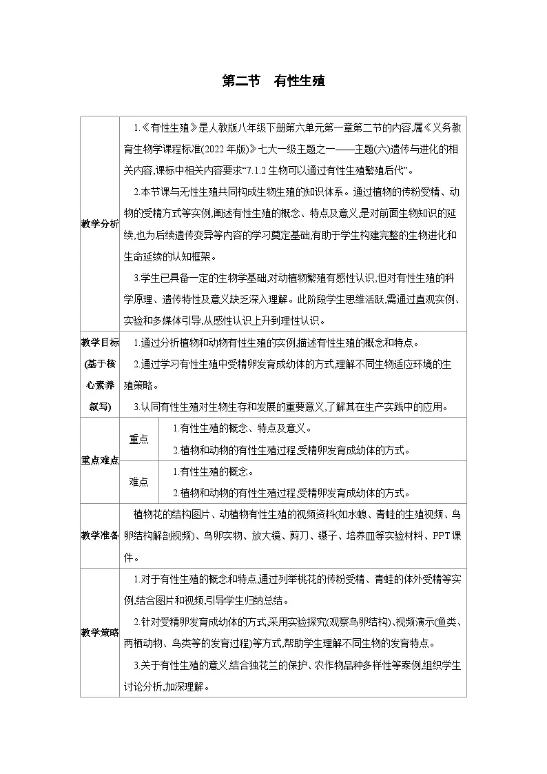 6.1.2 有性生殖 教案 人教版生物八年级下册第1页