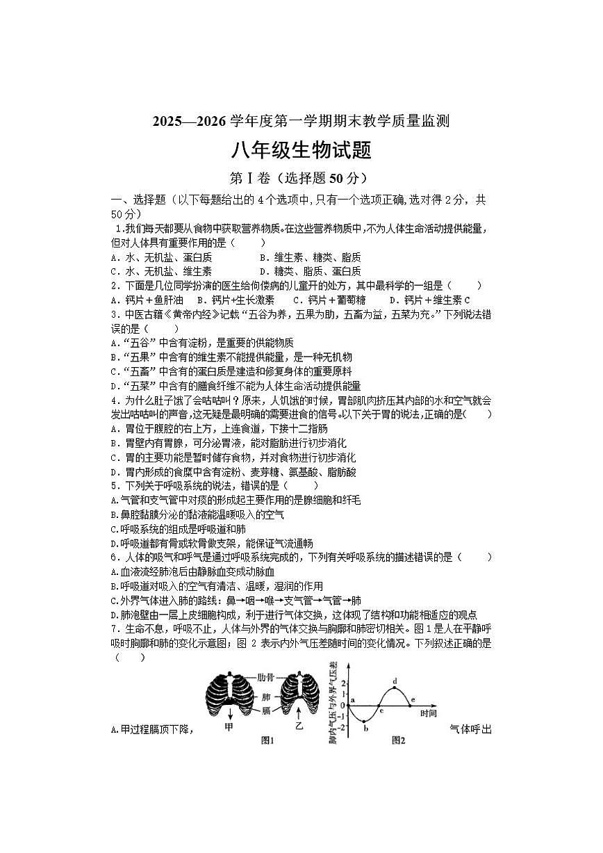 2025-2026学年山东省济宁市八年级上学期12月月考生物试题（有答案）第1页